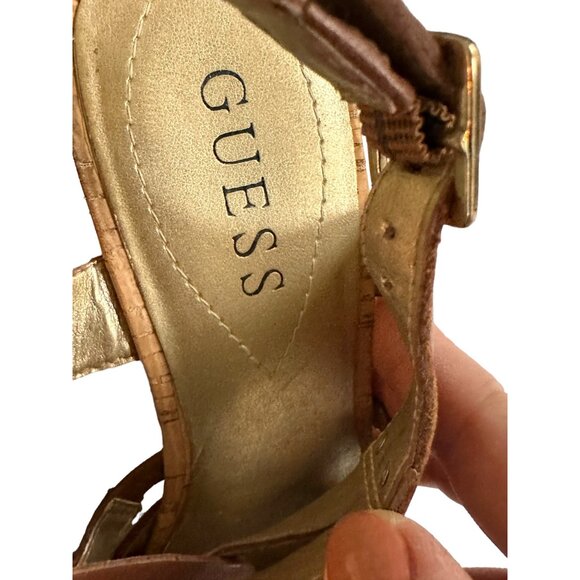 🍒 2/$20 🍒 Cognac Brown Strappy Guess Wedge Sandals sz 6.5 - Picture 7 of 7